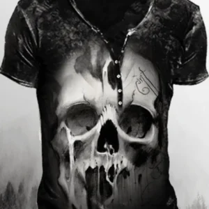 Men’s Gothic Skull Henley T-Shirt (MOQ 50 pieces)