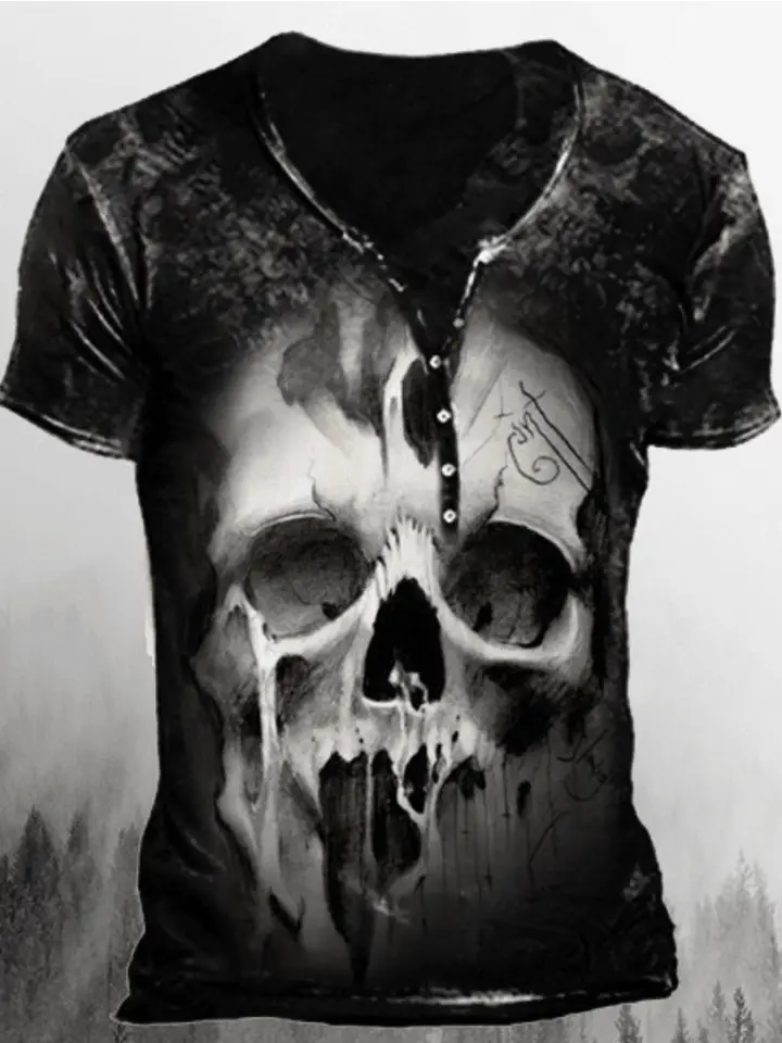 Men’s Gothic Skull Henley T-Shirt (MOQ 50 pieces)