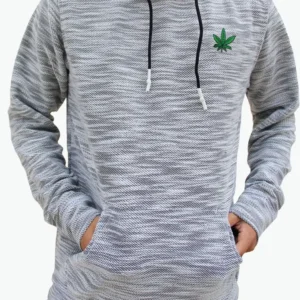 Men’s Grey Knitted Pullover Hoodie with Embroidered Leaf