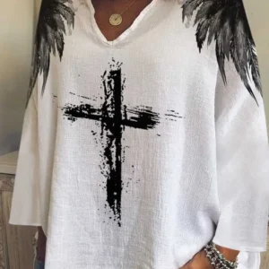 Women’s Loose Fit Textured Top – Brush Cross & Feather Print (MOQ 50 pieces)