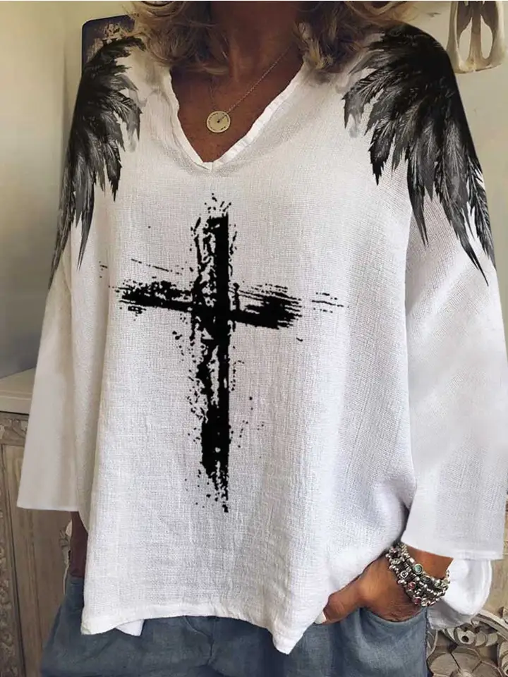 Women’s Loose Fit Textured Top – Brush Cross & Feather Print (MOQ 50 pieces)