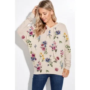 Women’s Beige Floral Print Pullover Hoodie