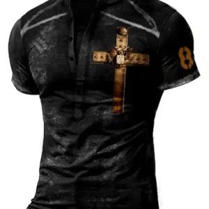 Men’s Gothic Henley T-Shirt – Black with Gold Cross Print (MOQ 50 pieces)