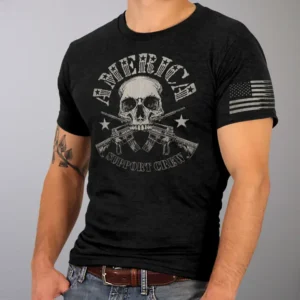 Men’s Patriotic Graphic T-Shirt – “America Support Crew” Skull & Rifles Design