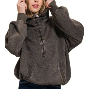 Women's Ash Black Oversized Half-Zip Hoodie (MOQ 15 pieces)