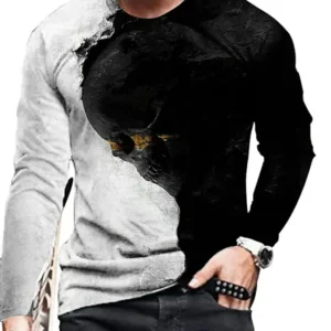 Men’s Gothic Skull Long Sleeve T-Shirt – Black & White Split Design (MOQ 100 pieces)
