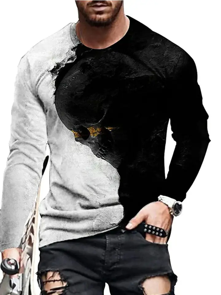 Men’s Gothic Skull Long Sleeve T-Shirt – Black & White Split Design (MOQ 100 pieces)